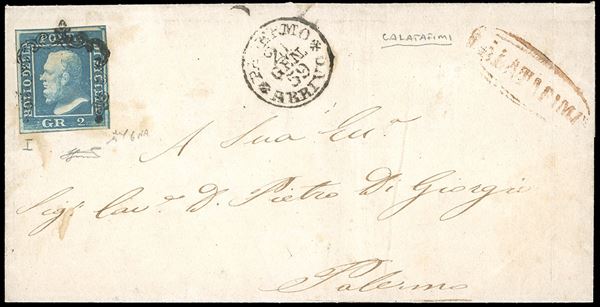 CALATAFIMI, punti 13 - 2 grana (6b), perfetto e ben marginato, su lettera per Palermo 21/1/1859. Chiavarello, cert. Ferrario. Ex coll. Imperato.