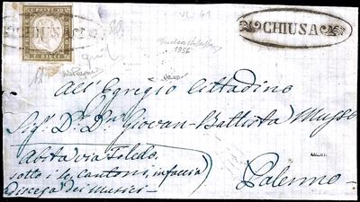 CHIUSA, ovale con fregi, punti R1 - 10 cent. (14C), lettera del giugno 1861 per Palermo