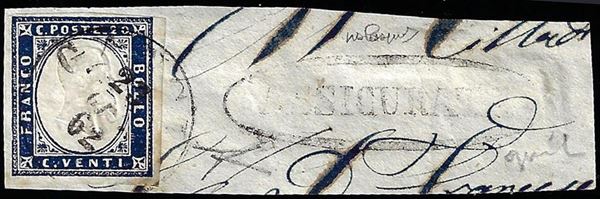GANGI, cerchio (punti 12), + ASSICURATA in ovale nero (inedito) - 20 cent. indaco scuro violaceo (15Ea), perfetto, usato su ampio frammento il 23/6/1862. Si tratta dell'unico caso noto dell'impronta "ASSICURATA" di Gangi. Molto bello. Cert. Bottacchi, ex collez. Nino Aquila.