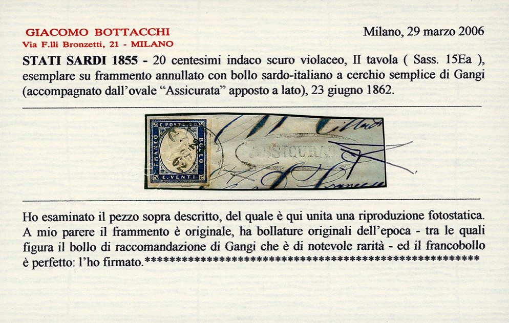 GANGI, Cerchio (Punti 12) con timbro 'ASSICURATA' in ovale nero, 20 cent. indaco scuro violaceo, ...