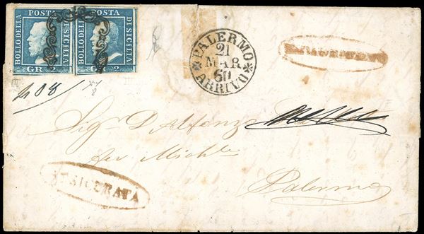 S.STEFANO DI CAMASTRA, ovale rosso + assicurata punti 10 - 2 grana azzurro chiaro, III tavola (8), due esemplati perfetti, su assicurata del 21/3/1860 diretta a Palermo. Chiavarello.