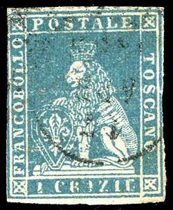 1851 - 2 crazie azzurro chiaro su grigio (5), pseudo errore di valore "1 CRAZIE", causato da un'anomalia di stampa o del cliché, usato, leggermente intaccato a sinistra in alto. Si tratta probabilmente dell'unico esemplare noto di questa rara ed affascinante varietà, finora non catalogata.