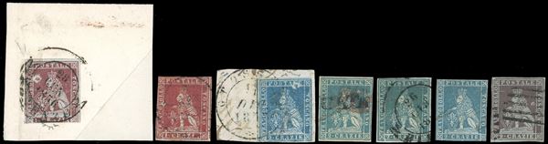 1851 - Sette esemplari della I emissione, tutti con falle di stampa, più o meno evidenti, per lo più causate da intersposizione di corpi estranei al momento dell'impressione, usati, qualità mista. Raro insieme, per specialista. Tutti firmati Chiavarello.
