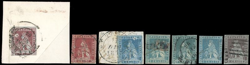 1851 - Sette esemplari della I emissione, tutti con falle di stampa, più o meno evidenti, per lo più causate da intersposizione di corpi estranei al momento dell'impressione, usati, qualità mista. Raro insieme, per specialista. Tutti firmati Chiavarello.  - Asta Filatelia - Cambi Casa d'Aste