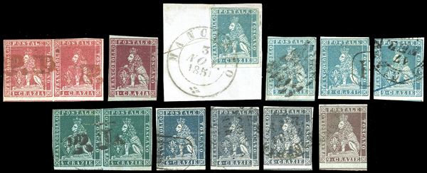 1851 - Tredici esemplari della I emissione, tutti mostranti in basso parti di interspazio di gruppo, usati, qualità mista. Interessante e non comune insieme, per specialista. Alcuni firmati da noti periti.