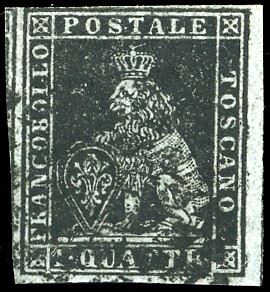 1851 - 1 quattrino nero su grigio (1), parziale riga di riquadro verticale nel margine di foglio a destra, usato, perfetto. Alberto ed Enzo Diena.