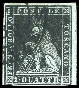 1851 - 1 quattrino nero su azzurro (1a), parziale riga di riquadro verticale nel margine di foglio a destra, usato, perfetto. Enzo Diena.