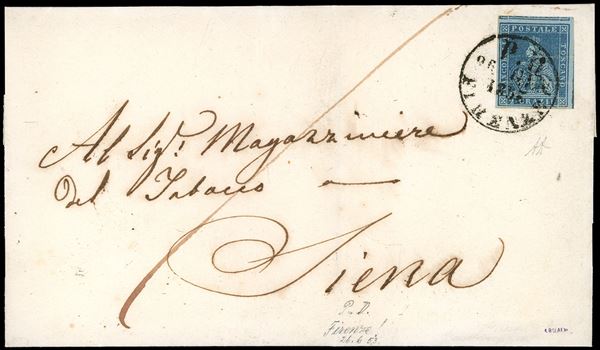 1853 - 2 crazie azzurro grigio su azzurro (5a), parziale riga di riquadro verticale nel margine di foglio a destra, perfetto e ben marginato su tutti i lati, su fresca lettera da Firenze 26/6/1853 a Siena. Splendida e rara. Alberto Diena.