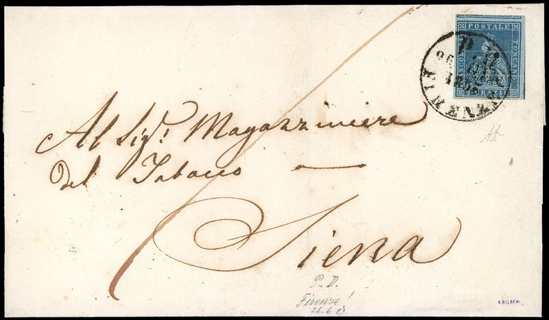 1853 - 2 crazie azzurro grigio su azzurro (5a), parziale riga di riquadro verticale nel margine di foglio a destra, perfetto e ben marginato su tutti i lati, su fresca lettera da Firenze 26/6/1853 a Siena. Splendida e rara. Alberto Diena.  - Asta Filatelia - Cambi Casa d'Aste