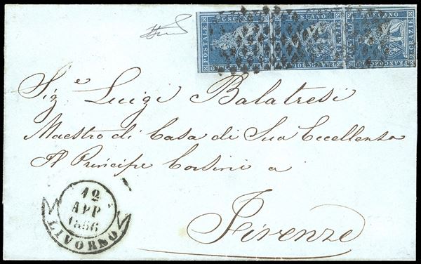 1856 - 2 crazie azzurro su carta grigio/azzurra (5d), striscia verticale di tre, margini rasenti a sinistra per due esemplari, ECCEZIONALE RIGA DI COLORE DEL RIQUADRO SUPERIORE DEL FOGLIO, su fresca lettera da Livorno 12/4/1856 a Firenze. Molto rara. Cert. Ferrario.