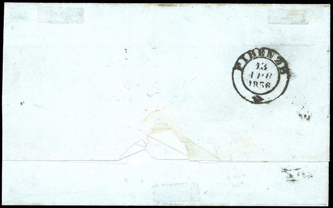 1856, 2 crazie azzurro su carta grigio/azzurra - Striscia verticale di tre esemplari