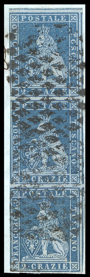 1856, 2 crazie azzurro su carta grigio/azzurra - Striscia verticale di tre esemplari