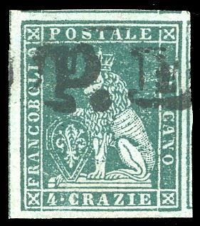1851 - 4 crazie verde su grigio (6), riga completa di riquadro verticale nel margine di foglio a sinistra, usato, perfetto e con margini eccezionali. Splendida qualità! G.Oliva, Ferrario.