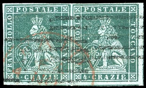 1851 - 6 crazie verde azzurro su azzurro (6a), coppia orizzontale, riga completa di riquadro verticale nel margine di foglio a destra, usata, perfetta e ben marginata. Alberto Diena.  - Asta Filatelia - Cambi Casa d'Aste