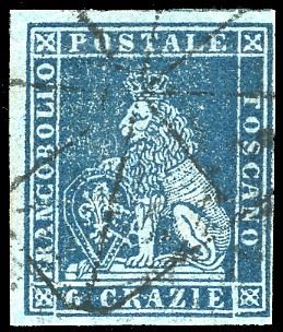 1851 - 6 crazie azzurro scuro su azzurro (7c), tre margini eccezionali, perfetto, annullato con leggero muto "a ragno", principio di riga di colore nel margine di sinistra in alto. Molto bello e di grande freschezza. A.Diena.  - Asta Filatelia - Cambi Casa d'Aste