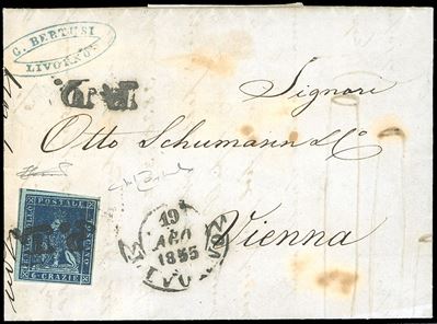 Raybaudi, 6 crazie azzurro scuro su azzurro (1855)