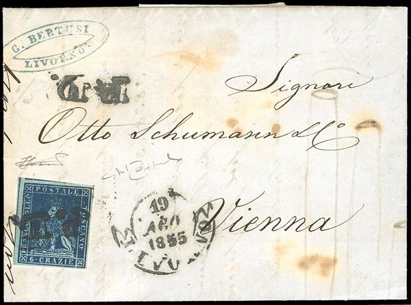 1855 - 6 crazie azzurro scuro su azzurro (7c), ben evidente riga di riquadro verticale nel margine di foglio a sinistra, perfetto e ben marginato, su lettera da Livorno 19/8/1855 a Vienna. Molto rara. Raybaudi, Ferrario.