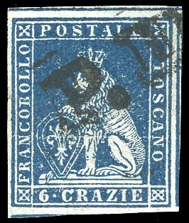 1851 - 6 crazie azzurro su grigio (7d), riga completa di riquadro orizzontale nel margine di foglio in alto, usato, ampi margini su tutti i lati, leggermente assottigliato al verso. Aspetto eccezionale. Ferrario.  - Auction Philately - Cambi Casa d'Aste