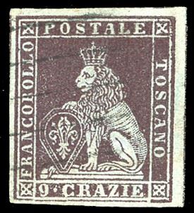 1851 - 9 crazie bruno violaceo su grigio (8), riga completa di riquadro verticale nel margine di foglio a destra, usato, perfetto e ben marginato. Ottima qualità. G.Oliva.