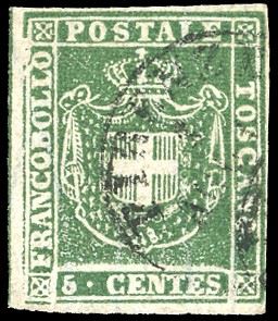 GOVERNO PROVVISORIO 1860 - 5 cent. verde, riga completa di riquadro verticale nel margine di foglio a sinistra (18d), con evidente varietà di clichè, usato, perfetto. Bottacchi.