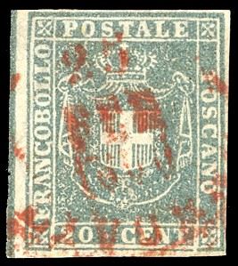 GOVERNO PROVVISORIO 1860 - 20 cent. azzurro grigio verdastro chiaro, ampia e completa riga di riquadro verticale nel margine di foglio a sinistra (20 c/e), perfetto e ben marginato, usato con annullo rosso di Livorno. Molto bello, ottima qualità. Ferrario.