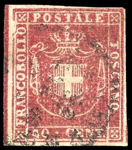 GOVERNO PROVVISORIO 1860 - 40 cent. carminio cupo, ampia e completa riga di riquadro verticale nel margine di foglio a sinistra (21d), evidente varietà di clichè, usato, perfetto. A.Diena.  - Asta Filatelia - Cambi Casa d'Aste