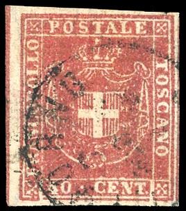 GOVERNO PROVVISORIO 1860 - 40 cent. carminio, riga completa di riquadro verticale nel margine di foglio a sinistra (21d), usato, perfetto e ben marginato. Ottima qualità. G.Oliva, Chiavarello.