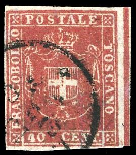GOVERNO PROVVISORIO 1860 - 40 cent. carminio, ampia e completa riga di riquadro verticale nel margine di foglio a destra (21c), usato, perfetto. Varietà molto rara così evidente e con parte di margine bianco oltre la riga. E.Diena, Vaccari e Ferrario.  - Asta Filatelia - Cambi Casa d'Aste