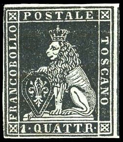 1851 - 1 quattrino nero su grigio (1), nuovo, gomma originale, leggera traccia di linguella, perfetto. Molto raro. Emilio ed Alberto Diena, cert. Enzo Diena 1985.