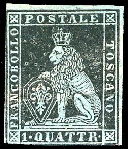 1851 - 1 quattrino nero su carta azzurra, I emissione (1a), nuovo, gomma originale, lieve piega orizzontale non detrurpante, molto fresco. Ferrario, cert. Sorani.