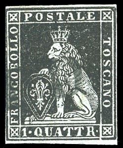 1851 - 1 quattrino nero su azzurro (1a), leggermente intaccato a sinistra, usato. Em.Diena, Ferrario.