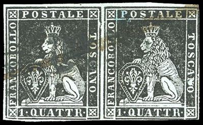 1851, 1 quattrino nero su azzurro, coppia orizzontale con varietà di cliché (1a)