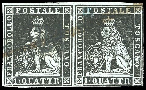 1851 - 1 quattrino nero su azzurro, coppia orizzontale, entrambi gli esemplari con varietà di clichè (1a), usata, perfetta. Em.Diena, cert. Ferrario.