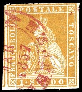 1851 - 1 soldo ocra su grigio (2), leggermente difettoso in alto, usato con annullo rosso di Firenze. Ottimo aspetto. Ferrario.  - Auction Philately - Cambi Casa d'Aste