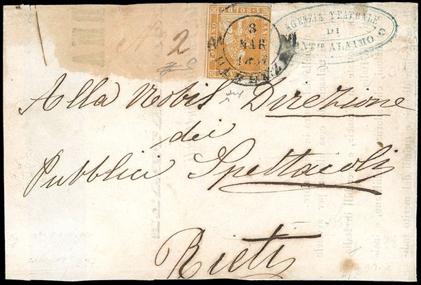 1857 - 1 soldo ocra su grigio (2), perfetto e ben marginato, su stampato da Firenze 8/3/1857 a Rieti. Chiavarello, cert. Ferrario. Ex coll. Imperato.