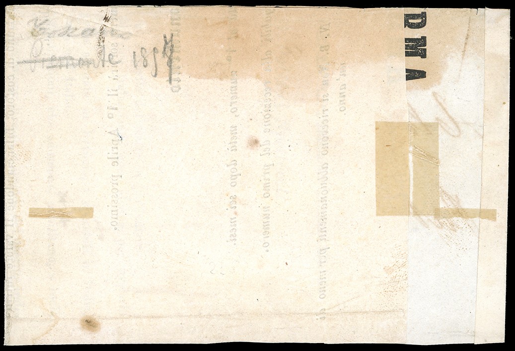 1857, 1 soldo ocra su grigio, fuso a Firenze il 8 marzo 1857 e inviato a Rieti