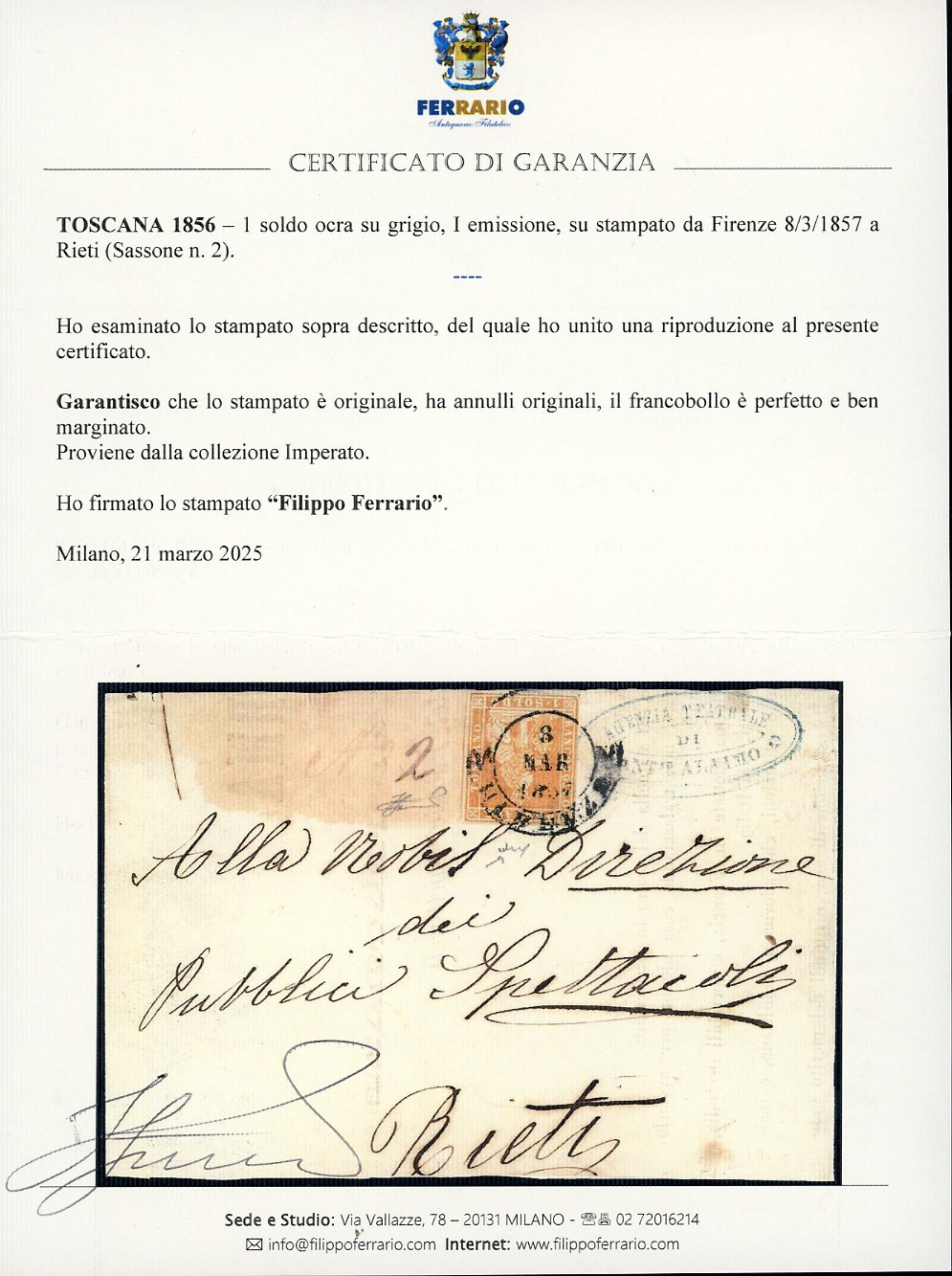 1857, 1 soldo ocra su grigio, fuso a Firenze il 8 marzo 1857 e inviato a Rieti