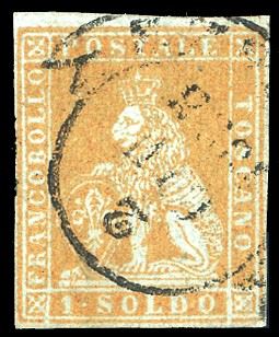 1851 - 1 soldo giallo bistro su azzurro (2b), usato, perfetto. Em.Diena, cert. Ferrario.  - Asta Filatelia - Cambi Casa d'Aste