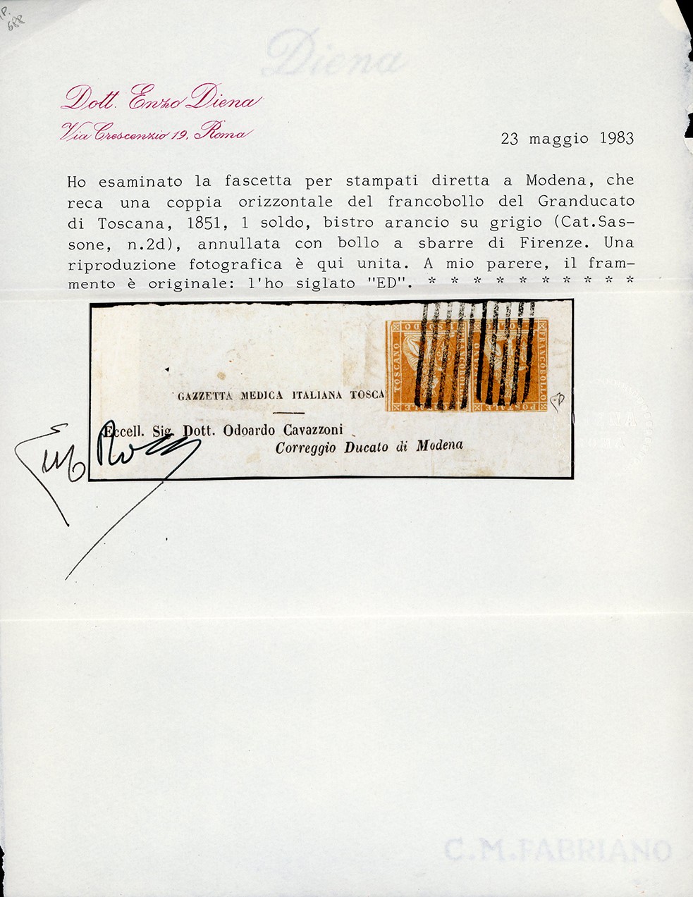 1851, 1 soldo bistro arancio su grigio, coppia orizzontale