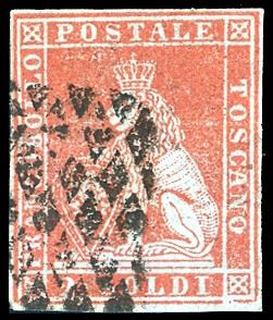1851 - 2 soldi scarlatto (3), usato, perfetto, ampi margini. Raro. Firmato per esteso Alberto Diena, cert. Ferrario.