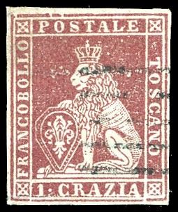 1851 - 1 crazia carminio bruno su grigio (4e), usato, perfetto e ben marginato. Molto bello. Chiavarello, Ferrario.