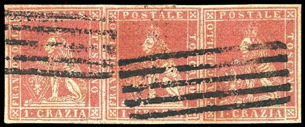 1851 - 1 crazia carminio chiaro su grigio (4), striscia orizzontale di tre, perfetta e ben marginata, usata. A.Diena. Fiecchi.