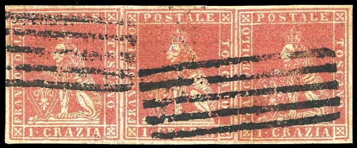 1851 - 1 crazia carminio chiaro su grigio (4), striscia orizzontale di tre, perfetta e ben marginata, usata. A.Diena. Fiecchi.  - Asta Filatelia - Cambi Casa d'Aste