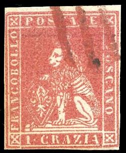 1851 - 1 crazie carminio chiaro su grigio (4), perfetto, usato con annullo rosso. Ferrario.
