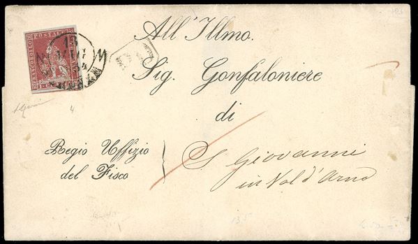 1854 - 1 crazia carminio chiaro su carta grigio/azzurra (4), varietà di clichè, perfetto, isolato su lettera da Firenze 13/5/1854 a S.Giovanni in Val d'Arno. Bella. L.Gazzi.