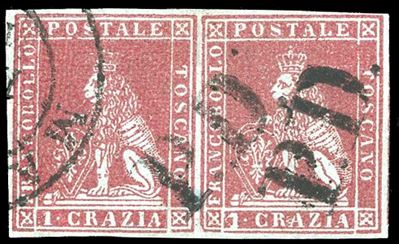 G.Bolaffi, A.Diena, Ferrario, 1851 - 1 Crazia Carminio su Azzurro (4b), Coppia Orizzontale