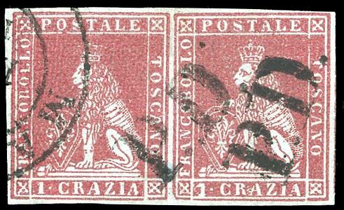 1851 - 1 crazia carminio su azzurro (4b), coppia orizzontale, usata, perfetta e ben marginata. Molto bella. G.Bolaffi, A.Diena, Ferrario.