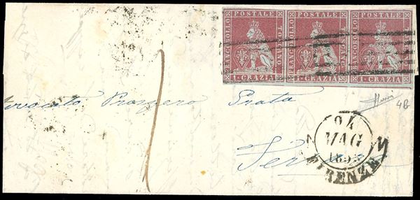 1853 - 1 crazia carminio su azzurro (4b), striscia di tre, leggermente sfiorata in alto, su fresca sovracoperta di lettera da Firenze 24/5/1853 a Ferrara, tassata 1 bajocco. Ottimo aspetto. Sorani.