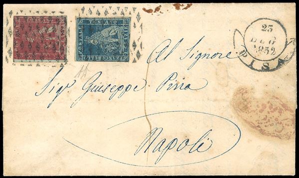 1852 - 1 crazia carminio su grigio, interessante varietà di stampa a sinistra, cartiglio "francobollo" completamente illeggibile, bordo di foglio a sinistra, 2 crazie azzurro su grigio (4d,5d), margini da rasenti ad ampi, sul lettera da Pisa 25/7/1851 a Napoli, tassata. Bella e rara varietà, specie così evidente. A.Diena.