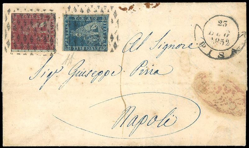 1852 - 1 crazia carminio su grigio, interessante varietà di stampa a sinistra, cartiglio "francobollo" completamente illeggibile, bordo di foglio a sinistra, 2 crazie azzurro su grigio (4d,5d), margini da rasenti ad ampi, sul lettera da Pisa 25/7/1851 a Napoli, tassata. Bella e rara varietà, specie così evidente. A.Diena.  - Auction Philately - Cambi Casa d'Aste